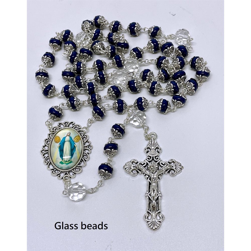 Rosary, Glass Blue Beads 8 mm, Miraculous Medal