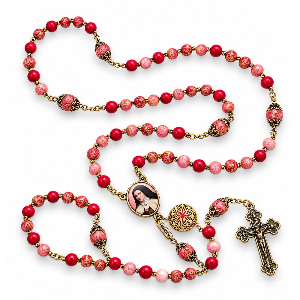 Chapelet Sainte Thérèse, grains bois rosé 8 mm, chaîne