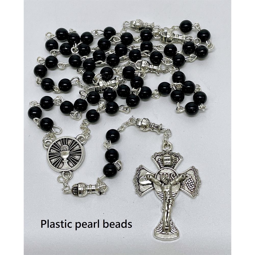 Rosary, 6 mm Black Crystal imitation Beads, First Communion