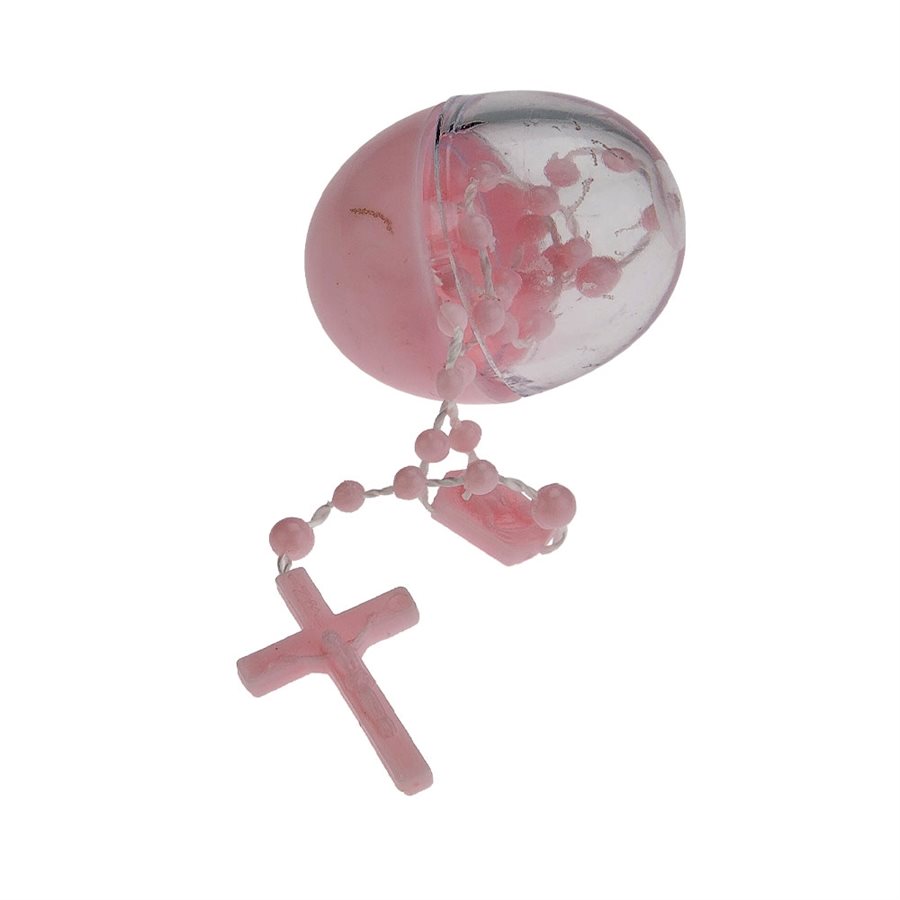 Chapelet, grains plastique rose, sur corde, 25,5 cm