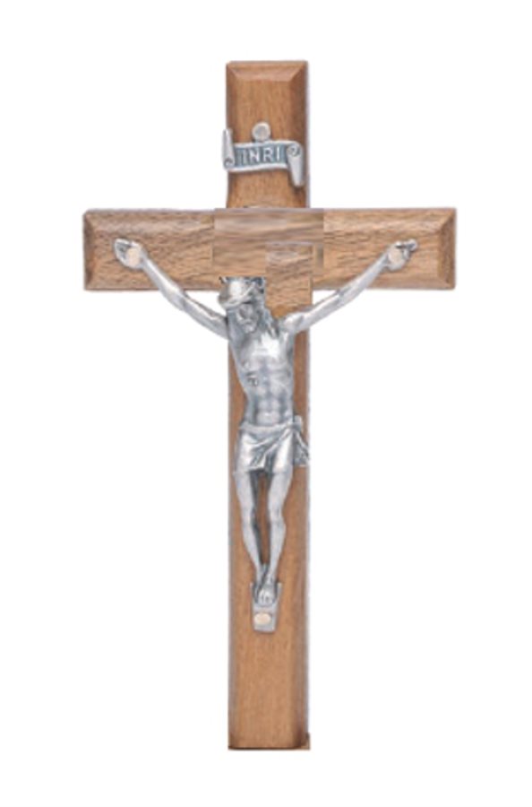 Wood Crucifix 6,5 x 12 cm, Silver Finish Metal Corpus