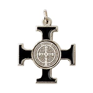 Croix Saint Benoît émail noir / argent, 4 cm