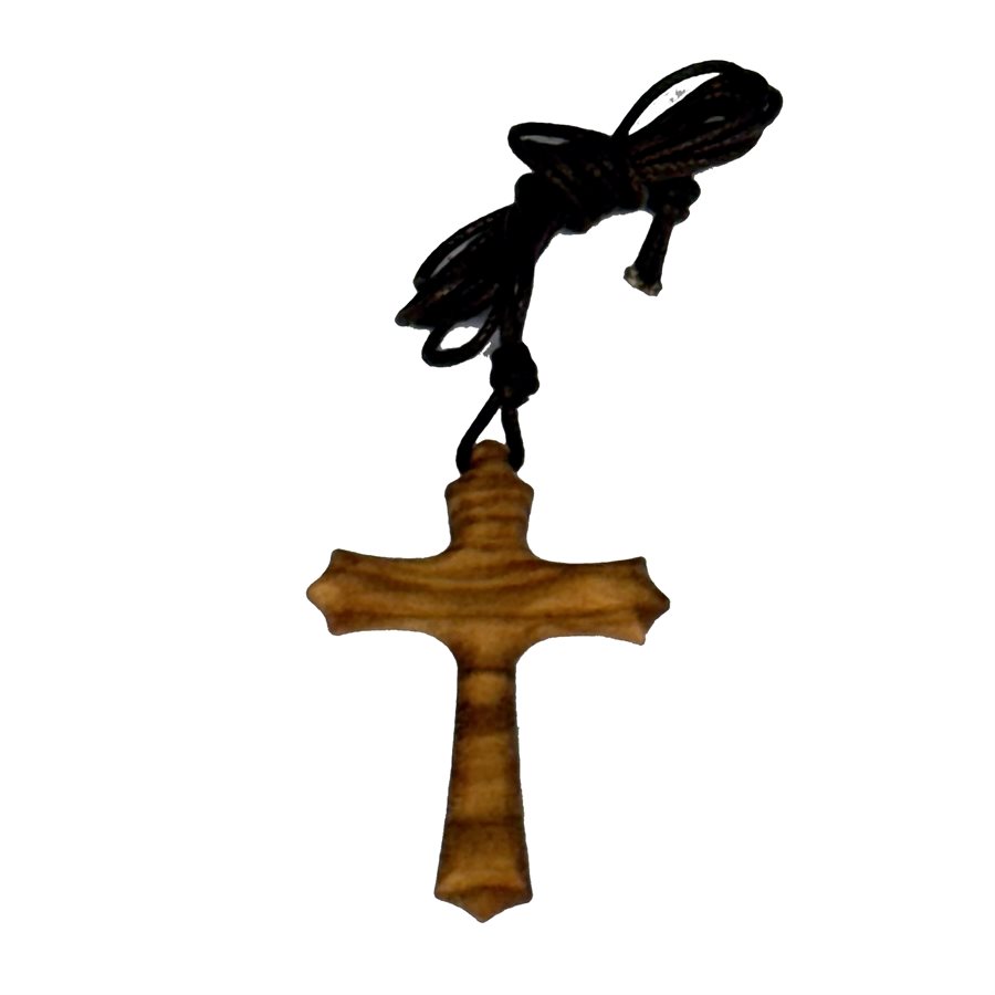 Pendentif croix 4,5 cm, bois olivier, corde 38,1 cm