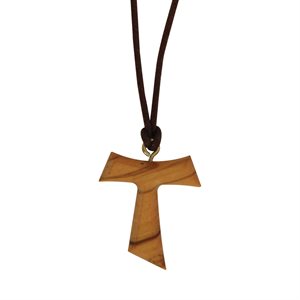 Pendentif croix tao 2,5 cm, bois olivier, 33 cm