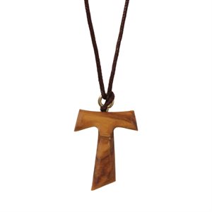 Pendentif croix tao, bois olivier, corde brune, 33 cm