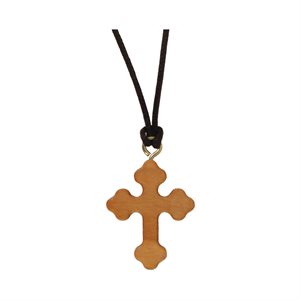 Pendentif croix, bois olivier, corde brune, 33 cm