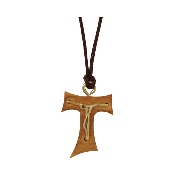 Pendentif croix tao, bois olivier, corpus doré, 33 cm