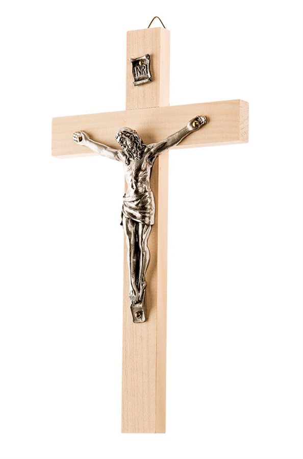 Crucifix, bois pâle, corpus en métal argent, 21 cm