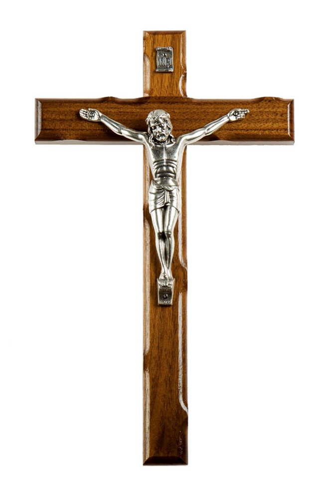 Crucifix en bois foncé, corpus argenté oxidé, 25,4 cm