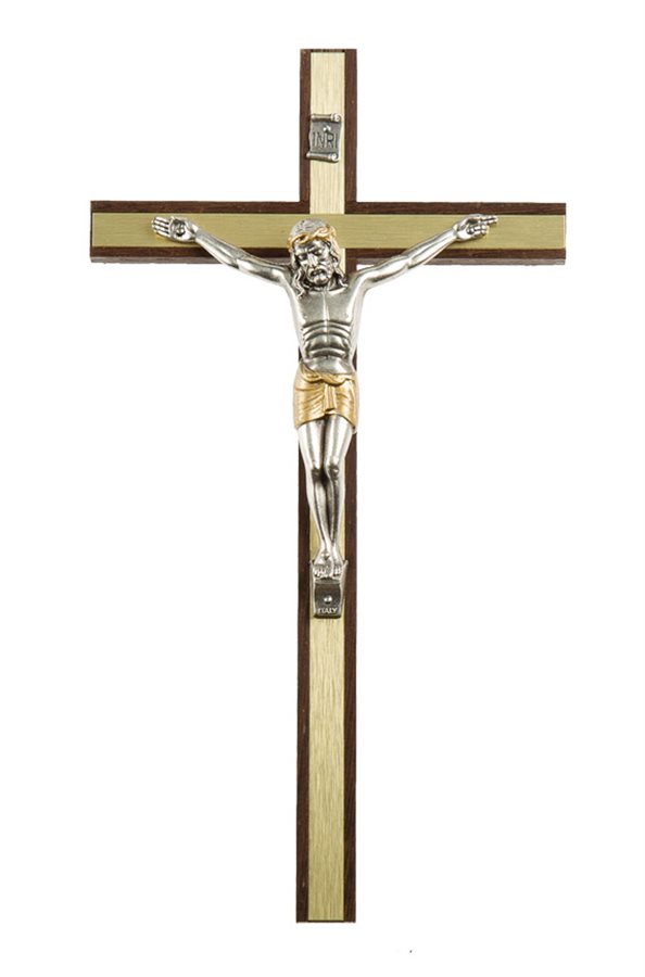 Crucifix en noyer, corpus bicolore, 20,3 cm
