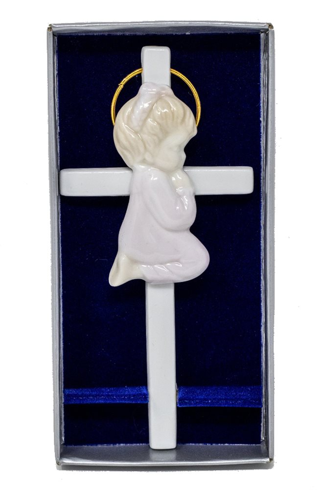 White & Pink Porcelain Cross for Girl, 5½"