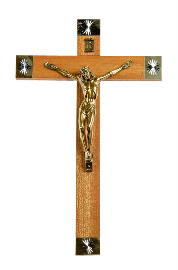 Crucifix bois & métal doré, corpus doré, 25,4 cm