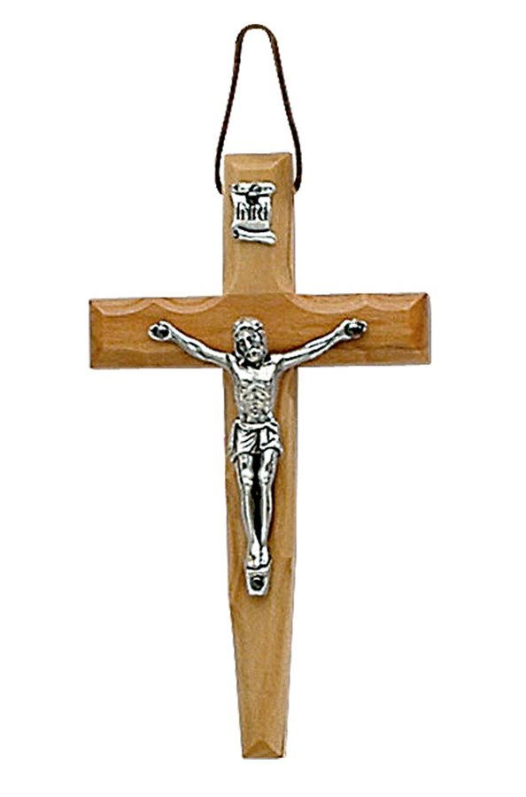 Crucifix argent sur croix de bois, 12,4 cm