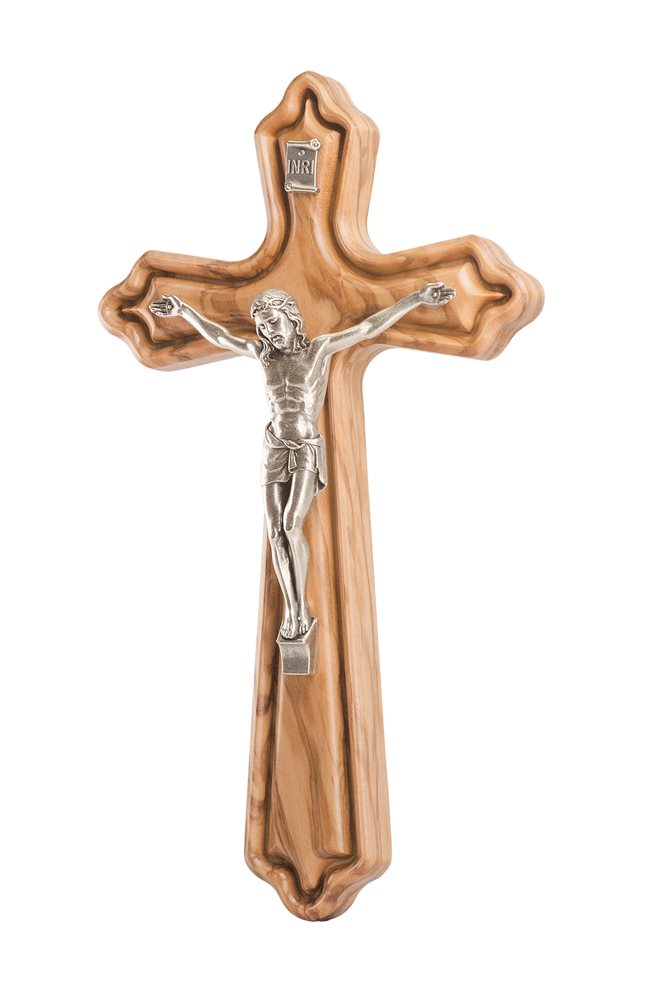 Crucifix, bois d'olivier, corpus argenté, 15 cm