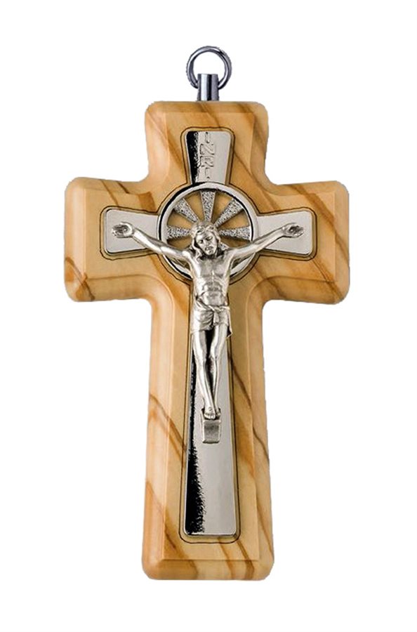 Crucifix, bois d'olivier, insertion nickel, corpus arg, 9 cm