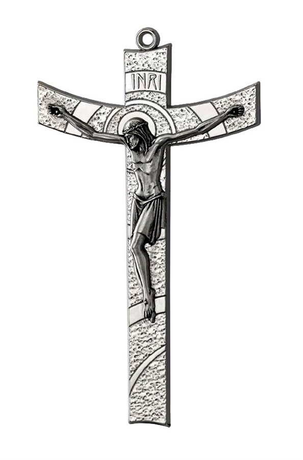 Crucifix en métal nickelé, corpus argenté, 14 cm