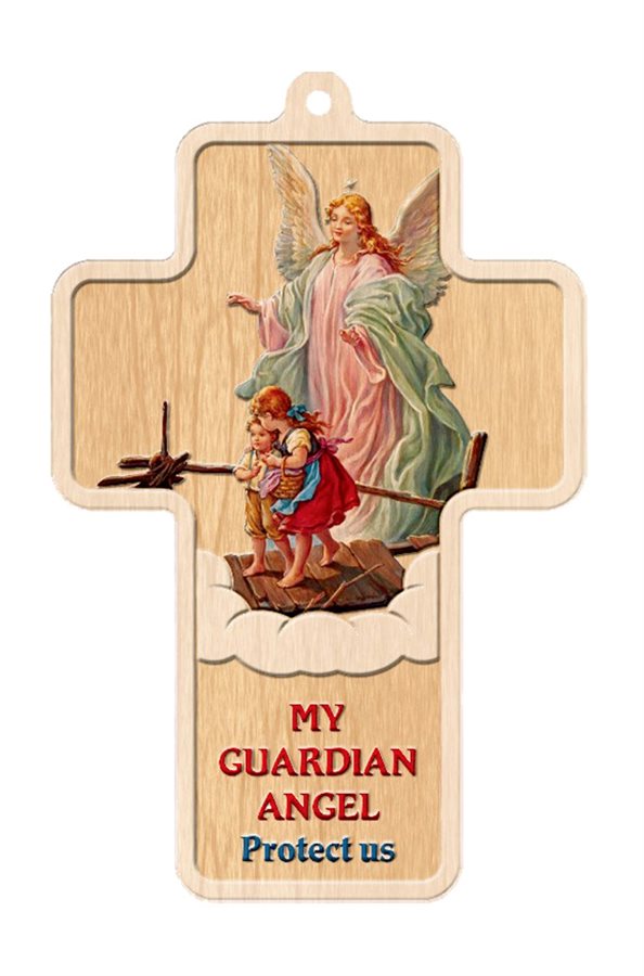 Croix baptême sur bois «Guardian Angel», 12,5 cm, Anglais