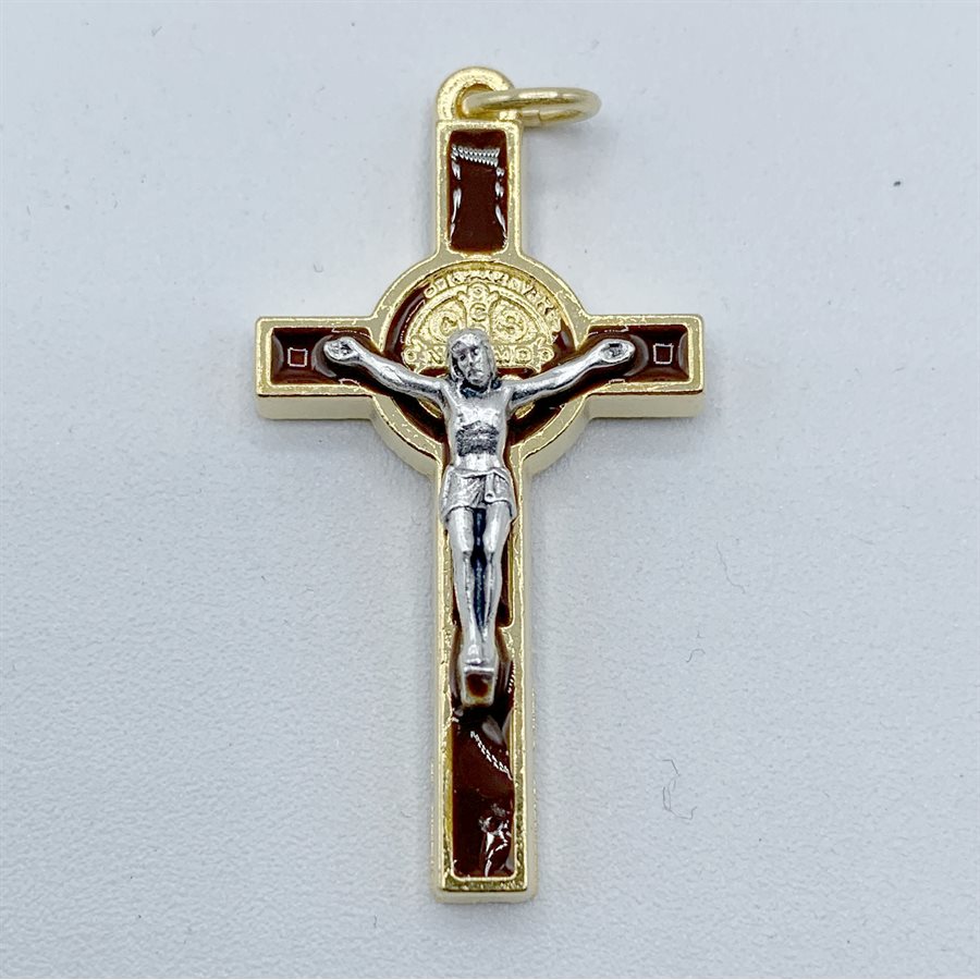 St. Benedict Cross 3,5 cm, gold / brown enamel