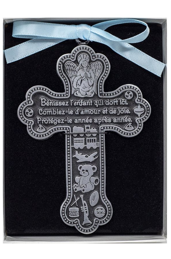 Croix baptême garçon, étain, ruban bleu, 9 cm, Français / un