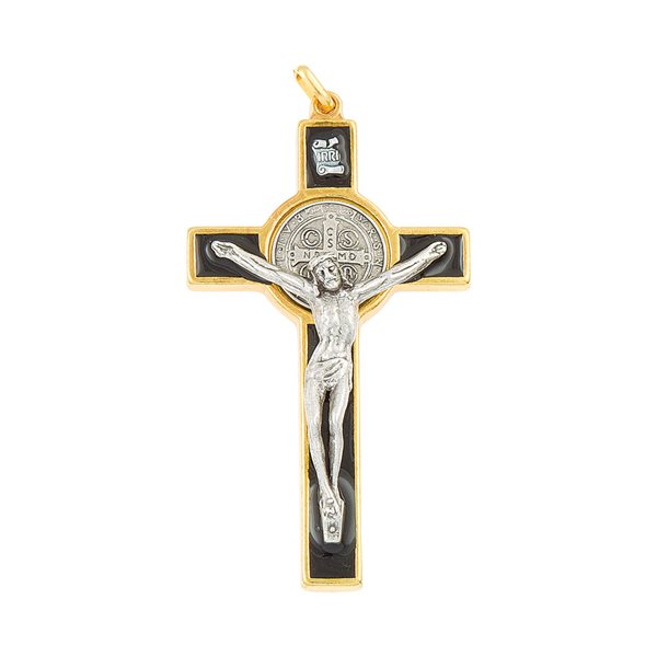 Croix Saint Benoît, fini doré et émail noir, 7,6 cm