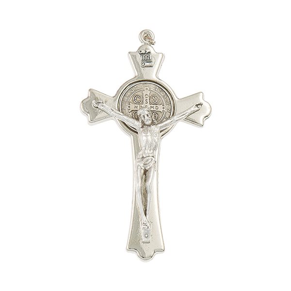 Croix Saint Benoît stylisée, fini argent, 7,6 cm