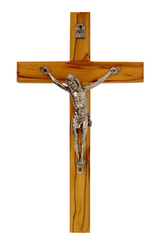 Olive Wood Crucifix, Silver Corpus, 6¾"