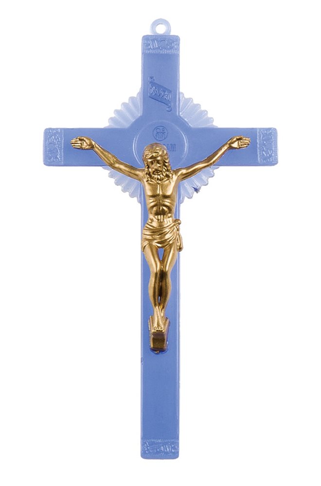 Blue Plastic Crucifix, Golden Corpus, 6"