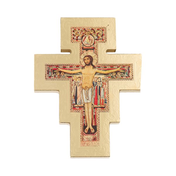 Croix Saint Damien, en bois doré, 16,5 cm