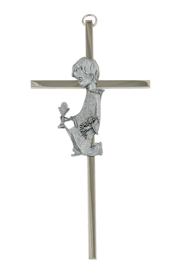 Croix pour garçon en métal argenté, 15 cm