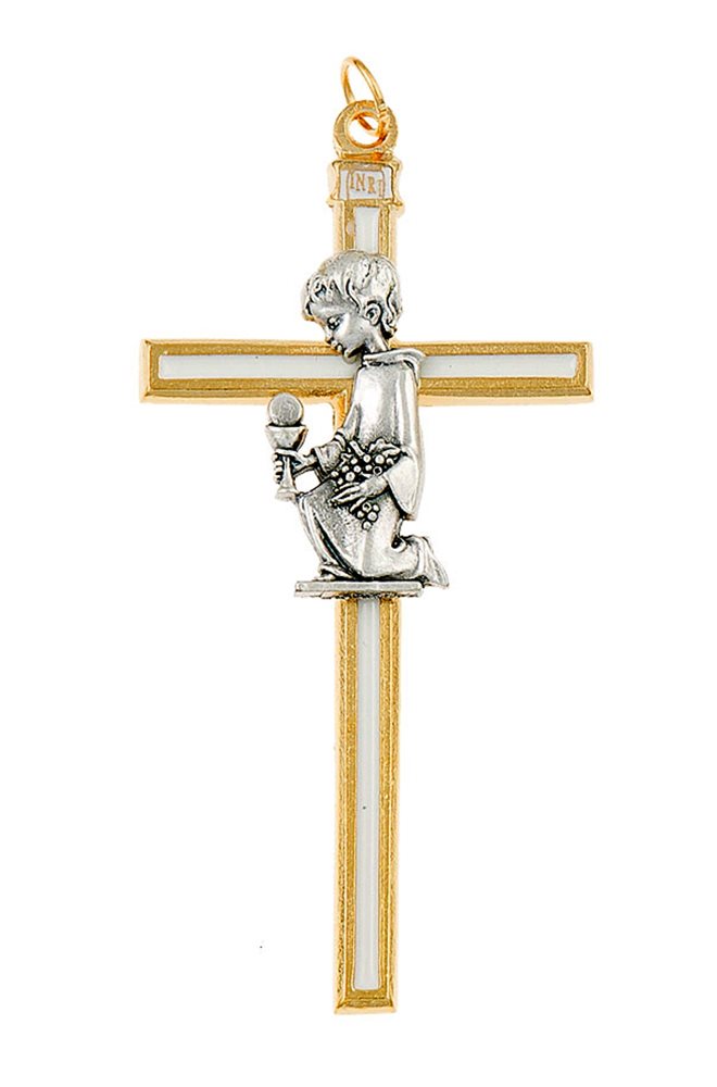 Croix émail blanc, dorure, garçon en étain, 9 cm