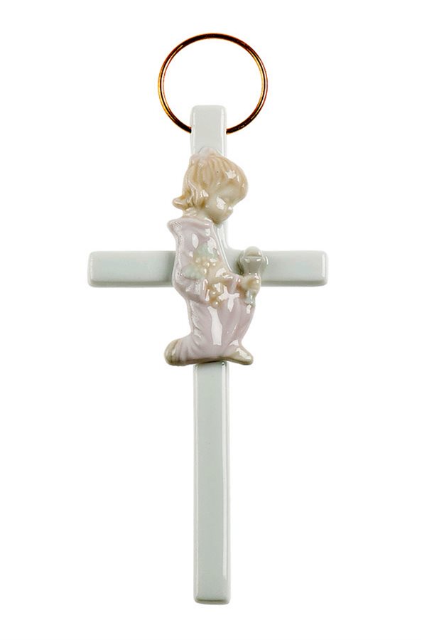 Croix porcelaine avec fille bleue et rose, 14 cm