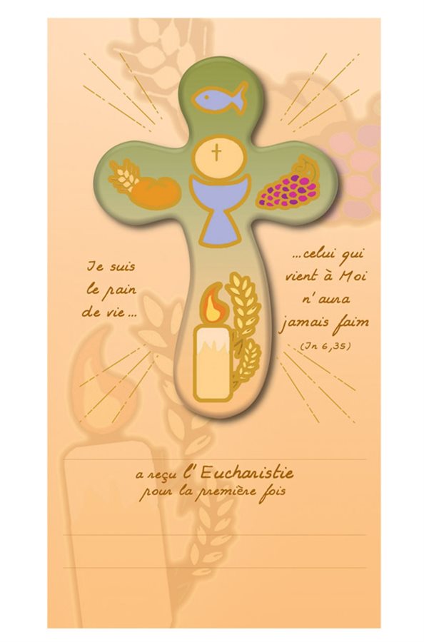 Croix de bois 1ère communion avec carte prière, Français