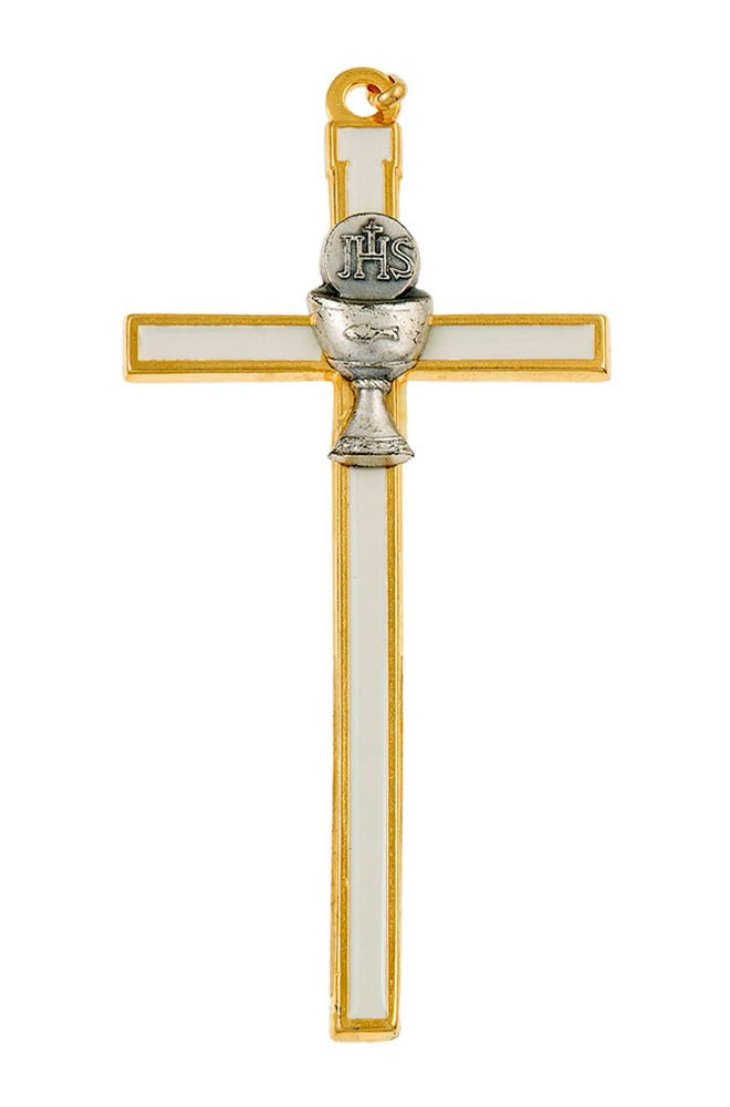 Croix émail blanc, dorure, calice, étain, 13 cm