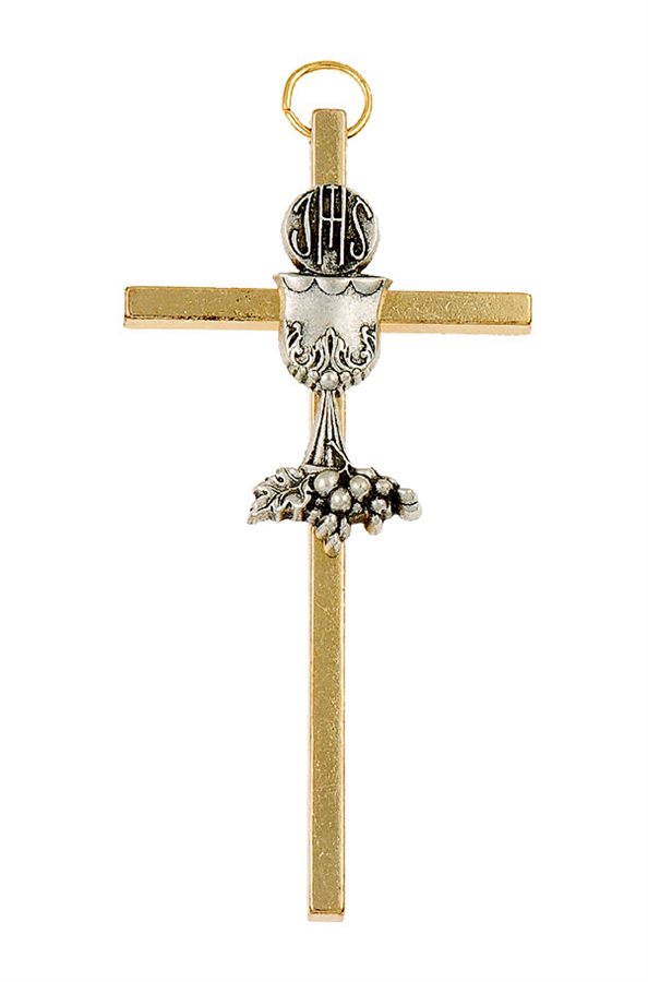 Croix en métal doré, calice argenté, 8 cm