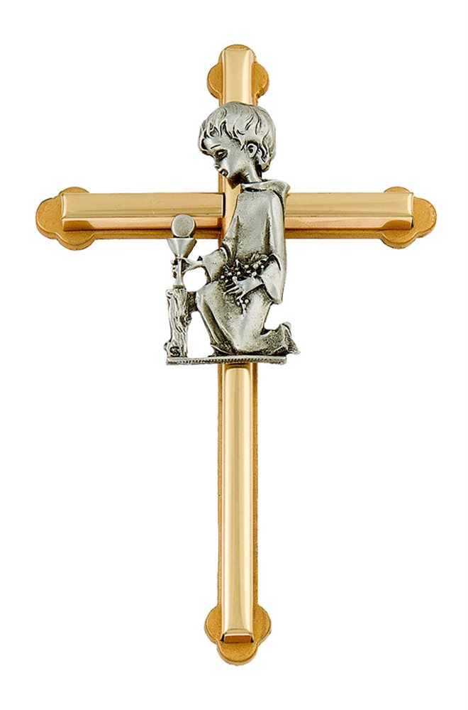 2-Tone 1st Communion Metal Cross w / Boy on Knee, 6"