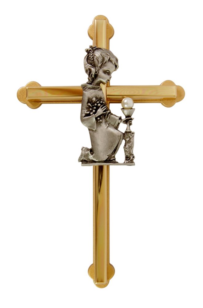 2-Tone 1st Communion Metal Cross , Girl on Knee, 6"