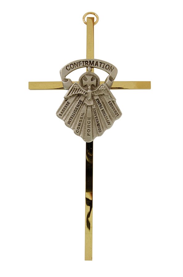 Croix de Confirmation, métal bicolore, 15 cm, Français