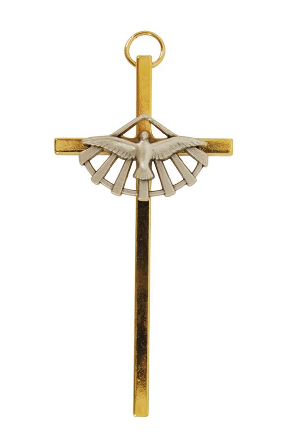 Croix Confirmation, métal doré, colombe arg., 8 cm