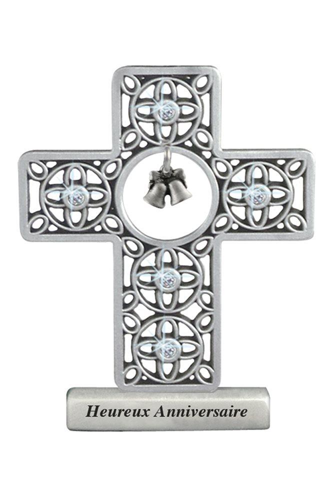 Pewter Wedding Anniv. Cross w / Crystal, 3'', French