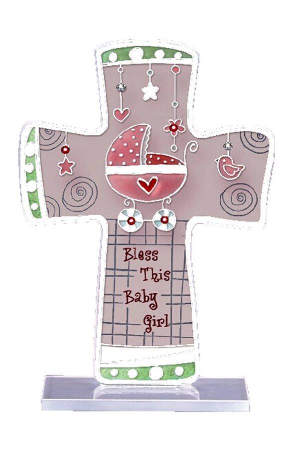 Baby Girl Glass Cross, 6'', English