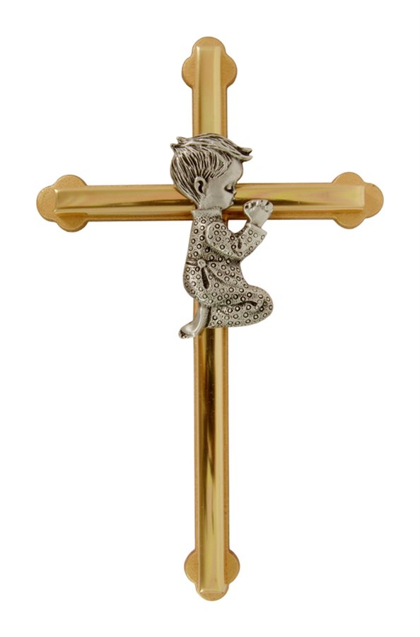 Two-Tone Metal Cross with Praying Boy, 6"