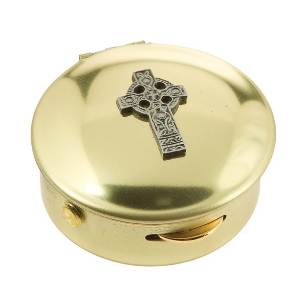 Solid Brass Pyx, Pewter Celtic Cross, Plst Case