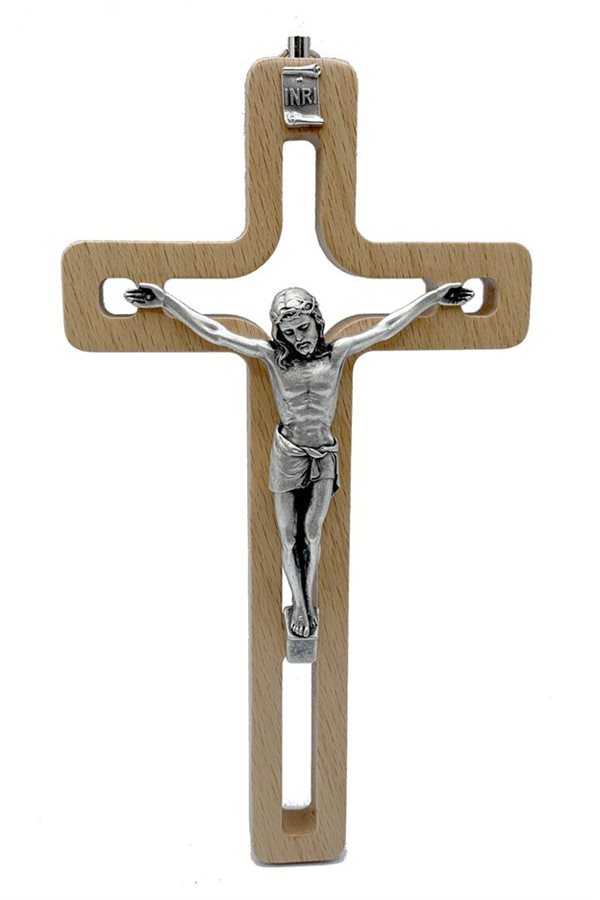 Wood Crucifix and Silver metal Corpus 8'' (20 cm)