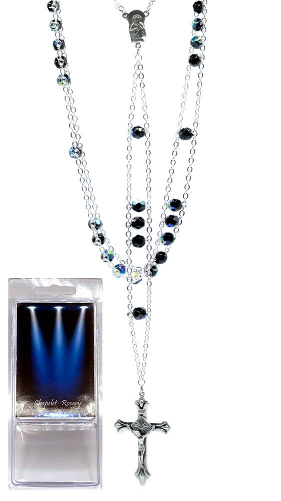 Boxed Ladder Rosary, 7mm Black Glass Beads, 20"