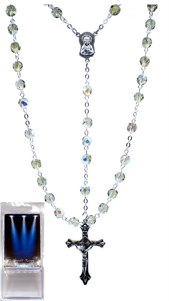 Boxed Rosary, 7 mm Grey Glass Beads, 19½"