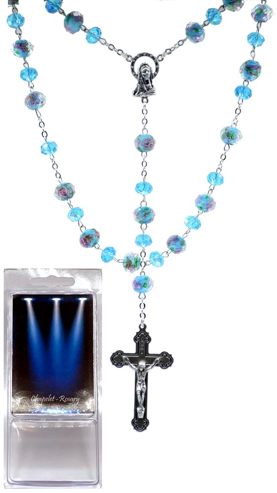 Boxed Rosary, 7mm Turquoise Cr.Beads, S-F Cross