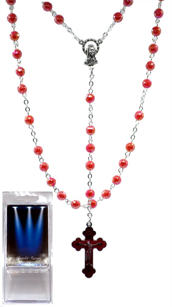 Boxed rosary, 6 mm, red plast beads, red cross, 17"