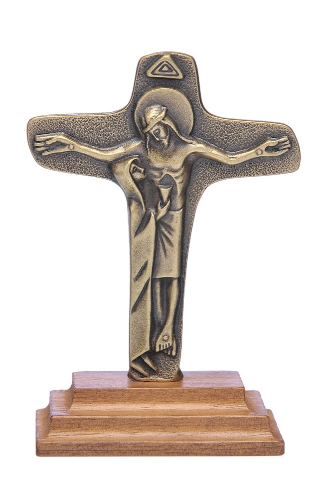 Gold Trinket of Crucifix on Wood Base, 2"