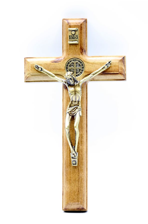 St Benedict Wood Crucifix 9 x 17 cm, Gold Finish Metal Co.