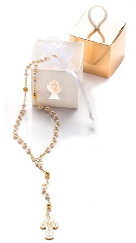 Chapelet perles 5 mm, 1ère communion, boîte dorée
